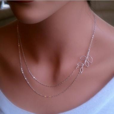 Women Fashion Lovely Chic Long Silver Sweater Chain Pendant Necklaces (Leaf double chains)
