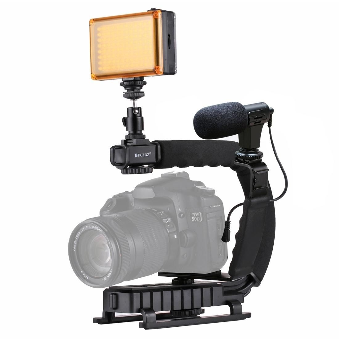 PULUZ U/C Shape Portable Handheld DV Bracket Stabilizer + LED Studio Light + Video Shotgun Microphone Kit with Cold Shoe Tripod Head for All SLR Cameras and Home DV Camera (Style3)