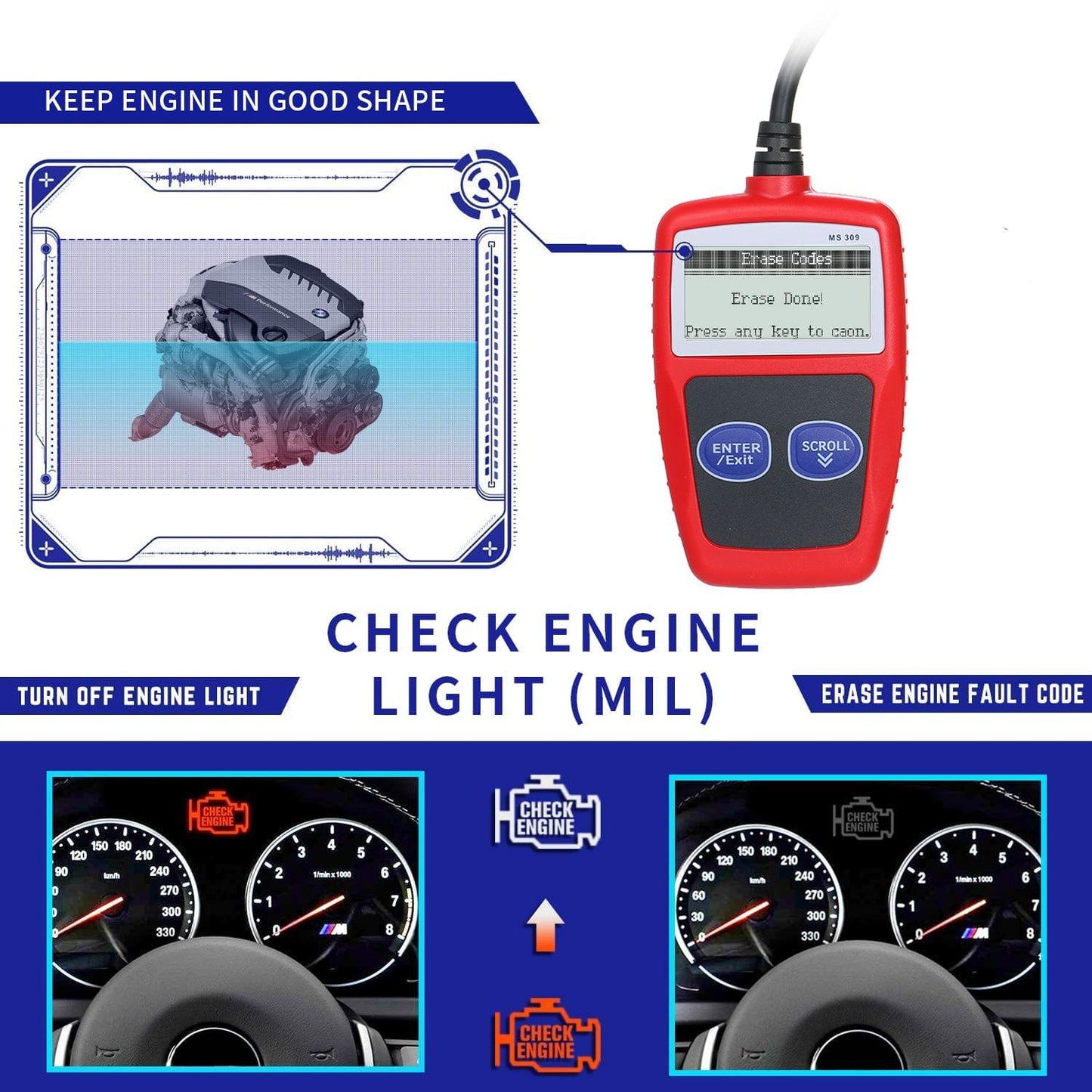 MS309 Universal O-B-D2 Scanner Automotive Engine Fault