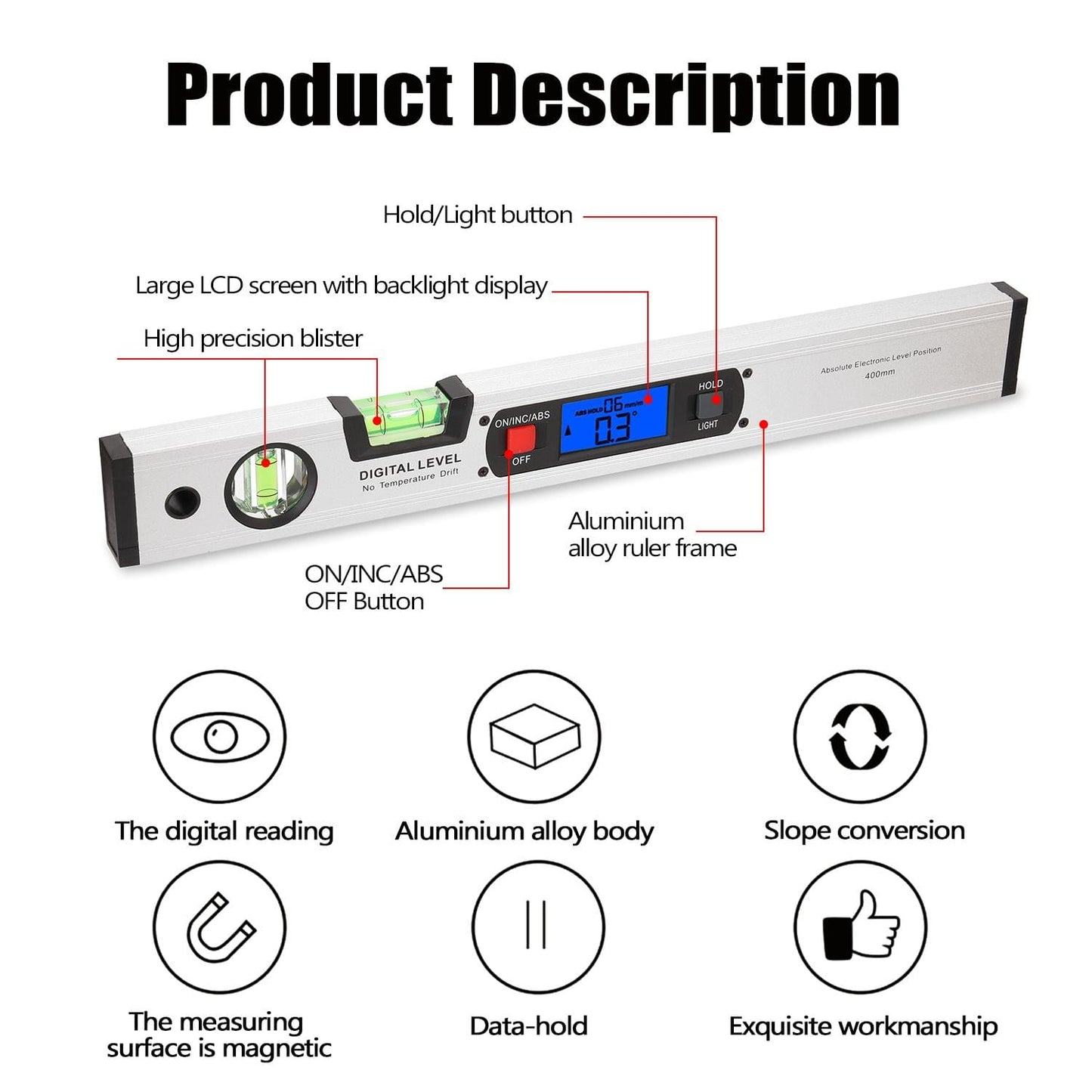 400mm Digital Protractor Angle Finder Electronic Level 360