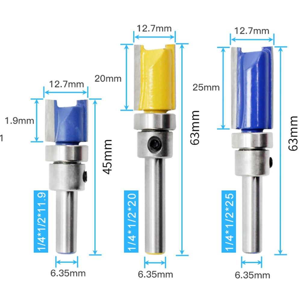 3PCS 1/4 inch Shank Flute Flush Trim Pattern Router Bit Set