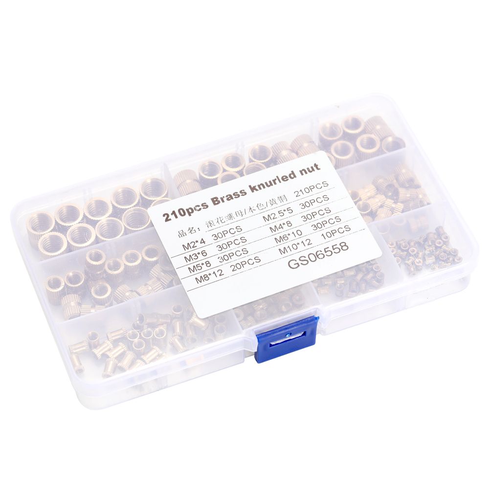 210Pcs Brass Nuts Cylinder Knurled Threaded Round Insert