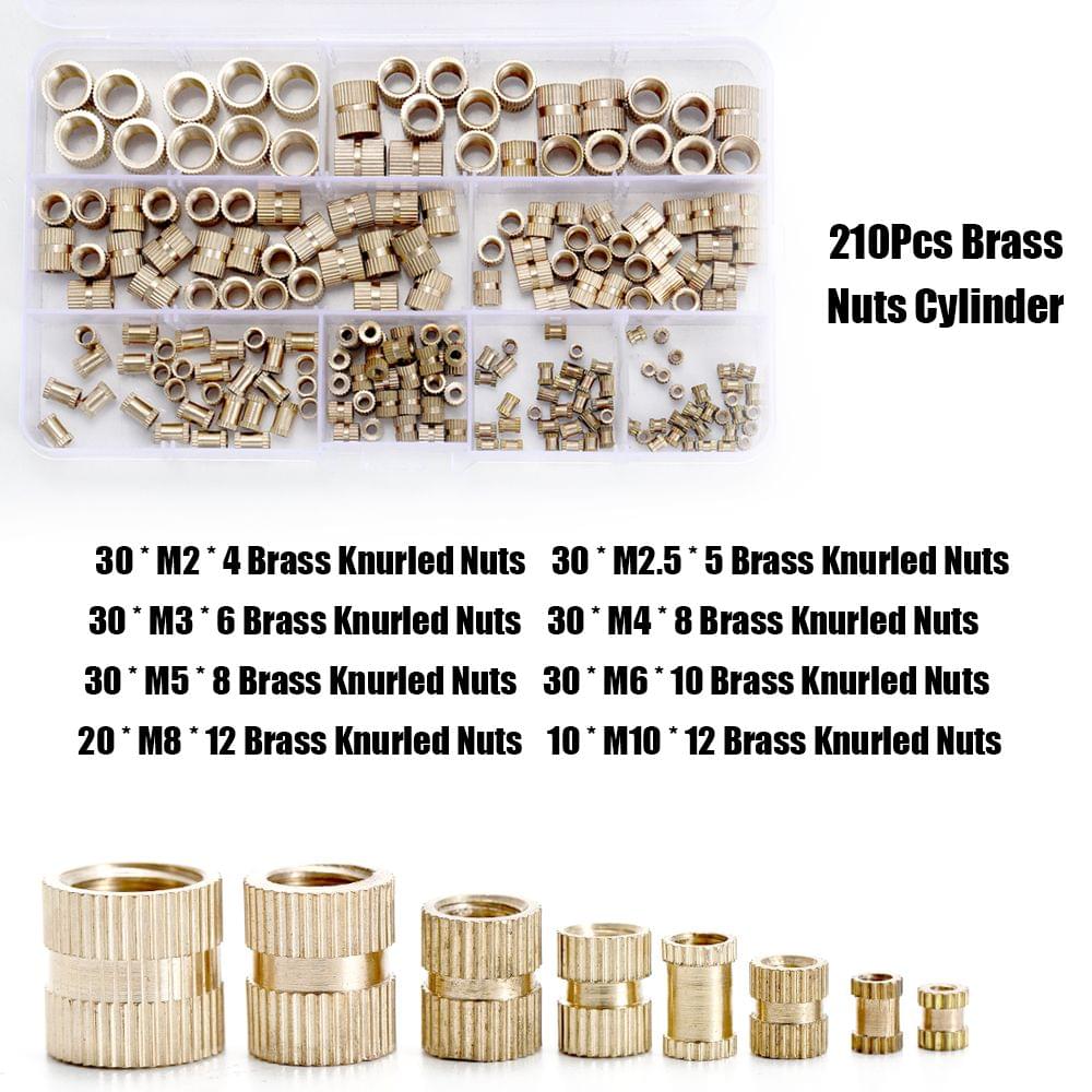 210Pcs Brass Nuts Cylinder Knurled Threaded Round Insert