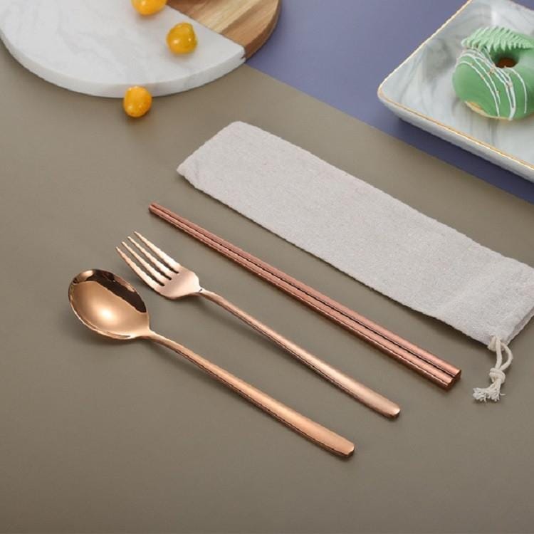 3 PCS / Set Creative Stainless Steel Spoon Fork Chopsticks Portable Tableware Set, Color:Rose Gold