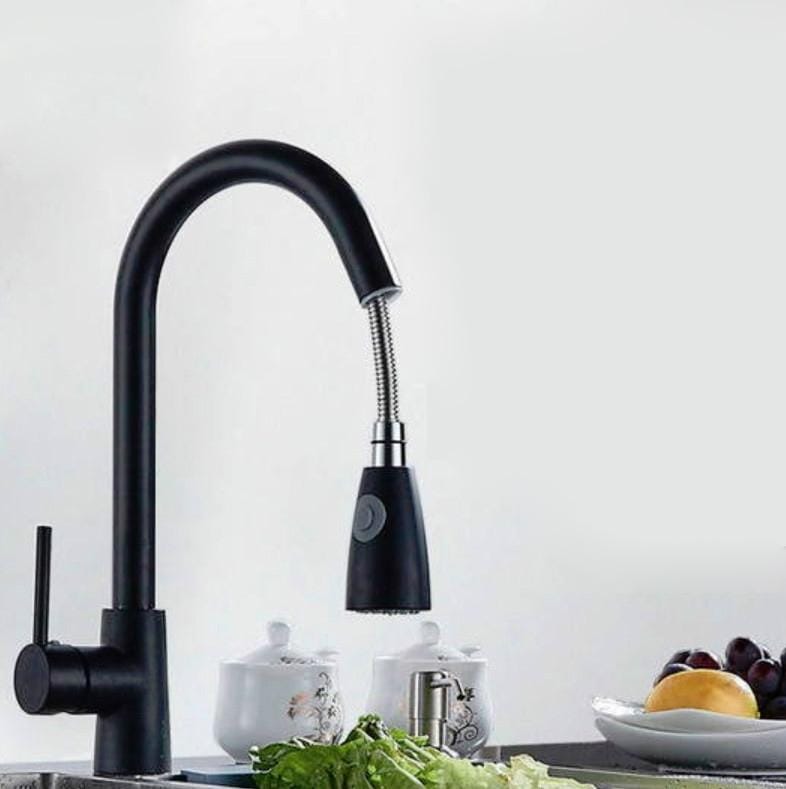 Kitchen Pull-out Faucet Hot And Cold Home 304 Stainless Steel Retractable Rotating Faucet, Style:Stainless Steel Black