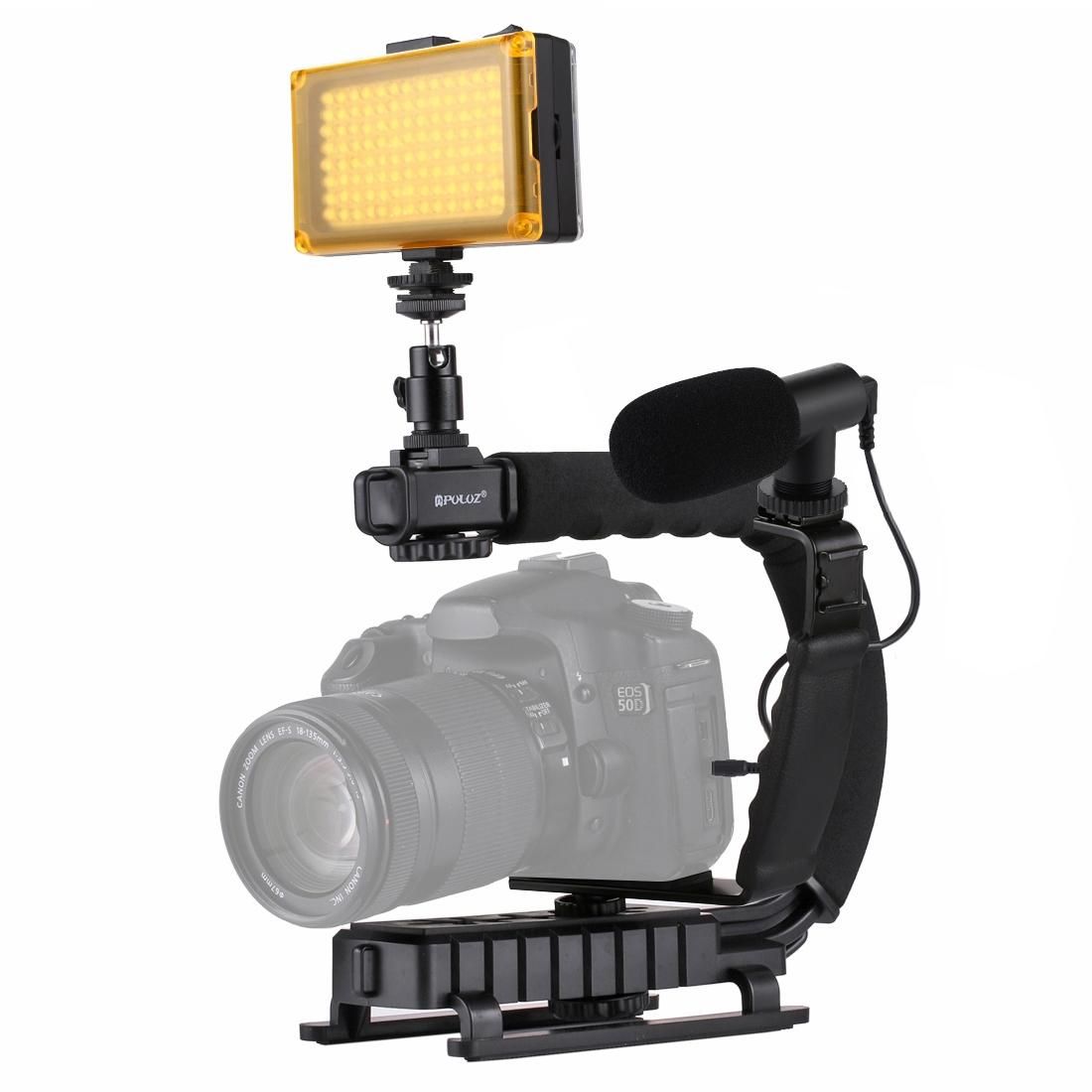 PULUZ U/C Shape Portable Handheld DV Bracket Stabilizer + LED Studio Light + Video Shotgun Microphone Kit with Cold Shoe Tripod Head for All SLR Cameras and Home DV Camera (Style1)