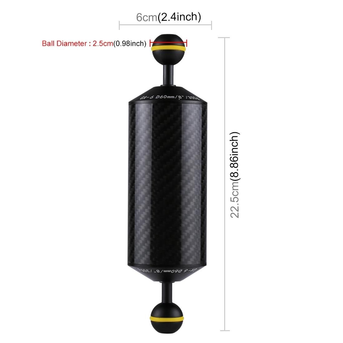 PULUZ 8.86 inch 22.5cm Length 60mm Diameter Dual Balls Carbon Fiber Floating Arm, Ball Diameter: 25mm, Buoyancy: 300g