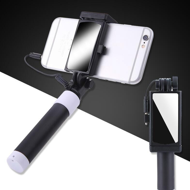 3.5mm Plug Mini Stainless Steel Folding Remote Control Selfie Stick with Rearview Mirror (Black)