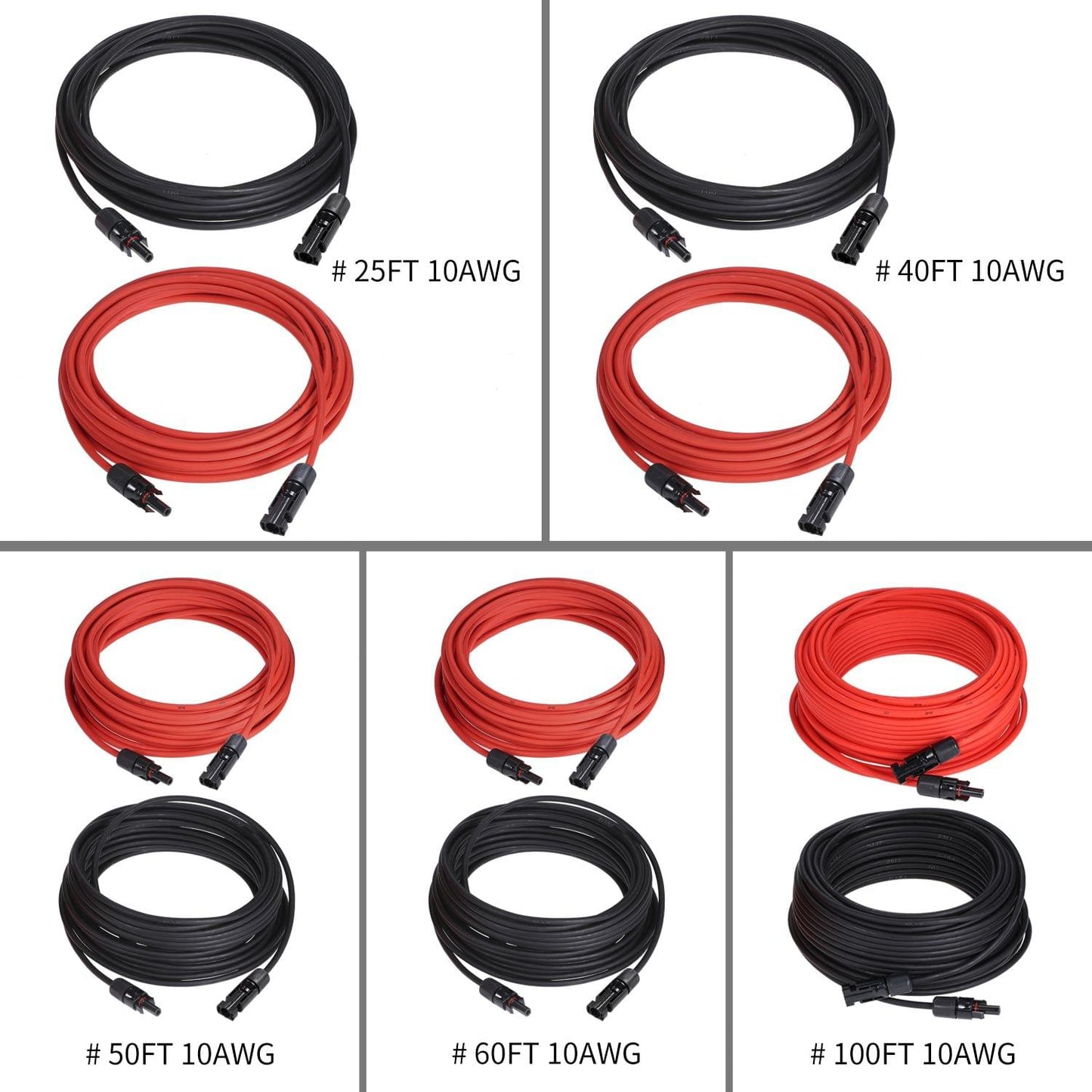 1 Pair 25/40/50/60/100 Feet Black + Red 10AWG Solar Panel - 25