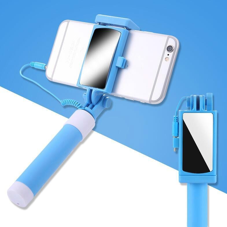 3.5mm Plug Mini Stainless Steel Folding Remote Control Selfie Stick with Rearview Mirror (Blue)