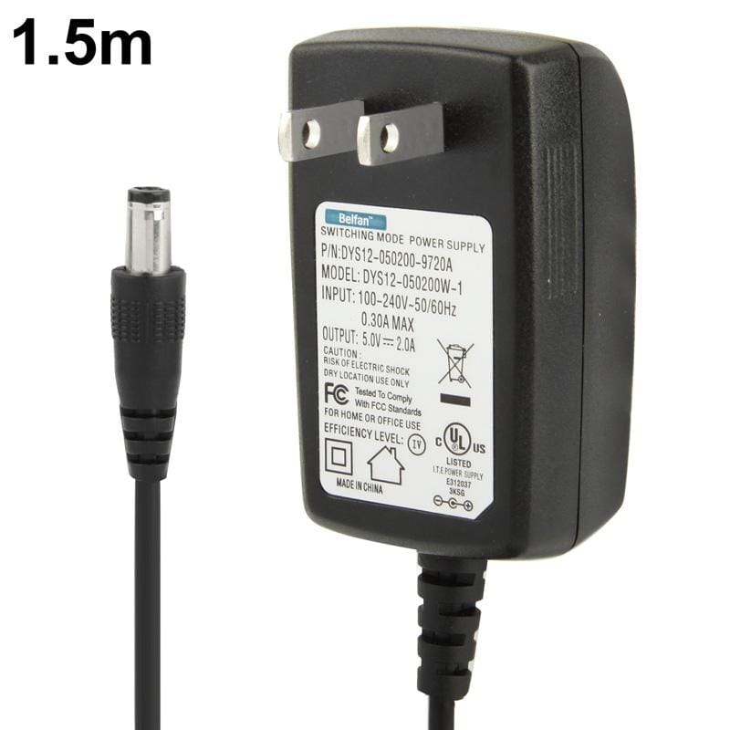 High Quality US Plug AC 100-240V to DC 5V 2A Power Adapter, Tips: 5.5 x 2.5mm, Cable Length: 1.5m (Black)