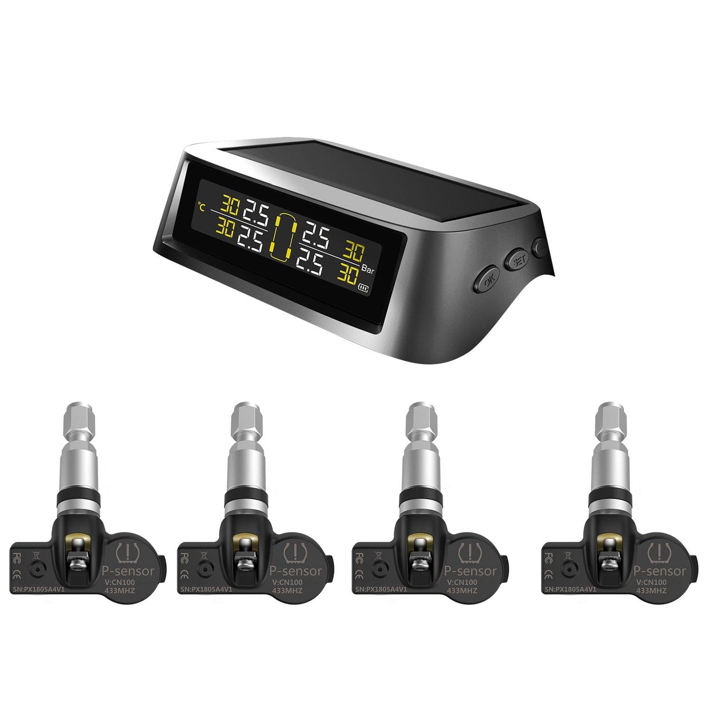 TPMS tire Pressure Monitoring System, Solar Wireless and USB - 1