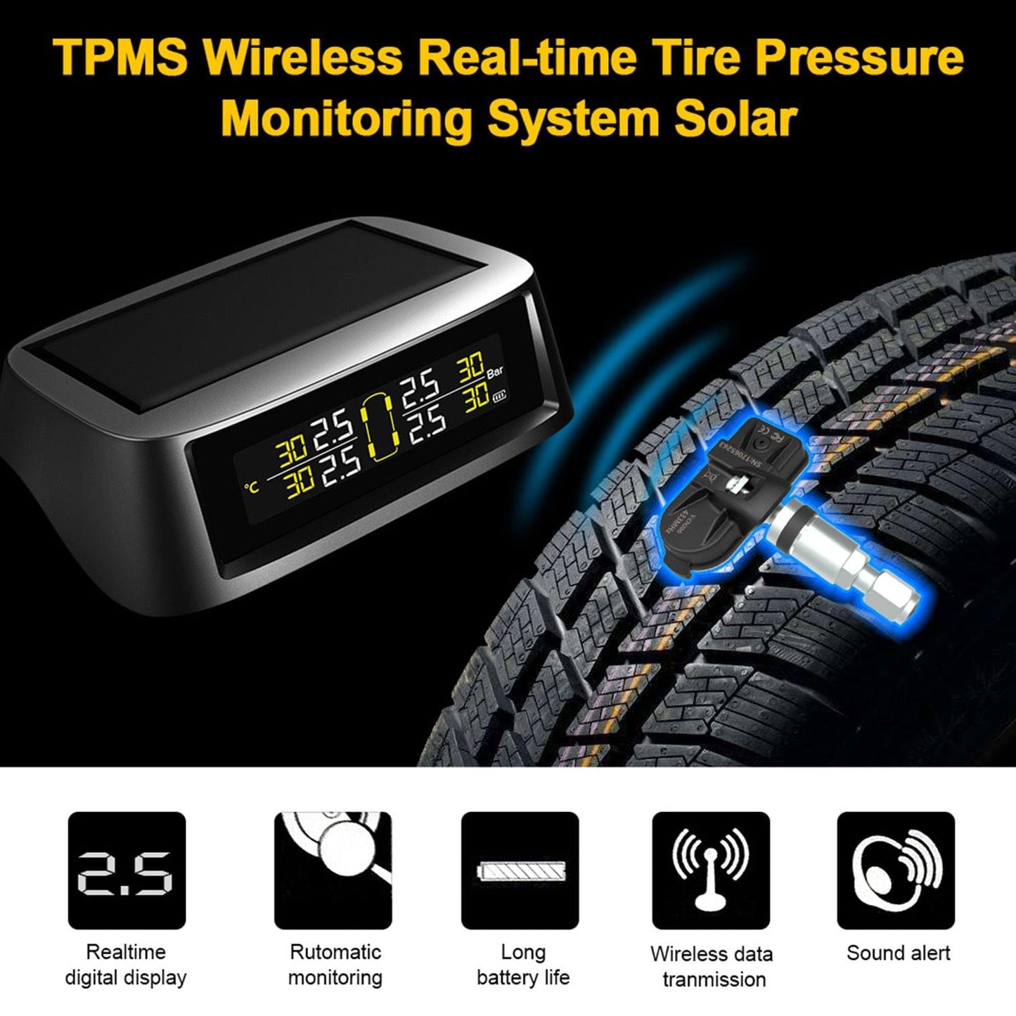 TPMS tire Pressure Monitoring System, Solar Wireless and USB - 1