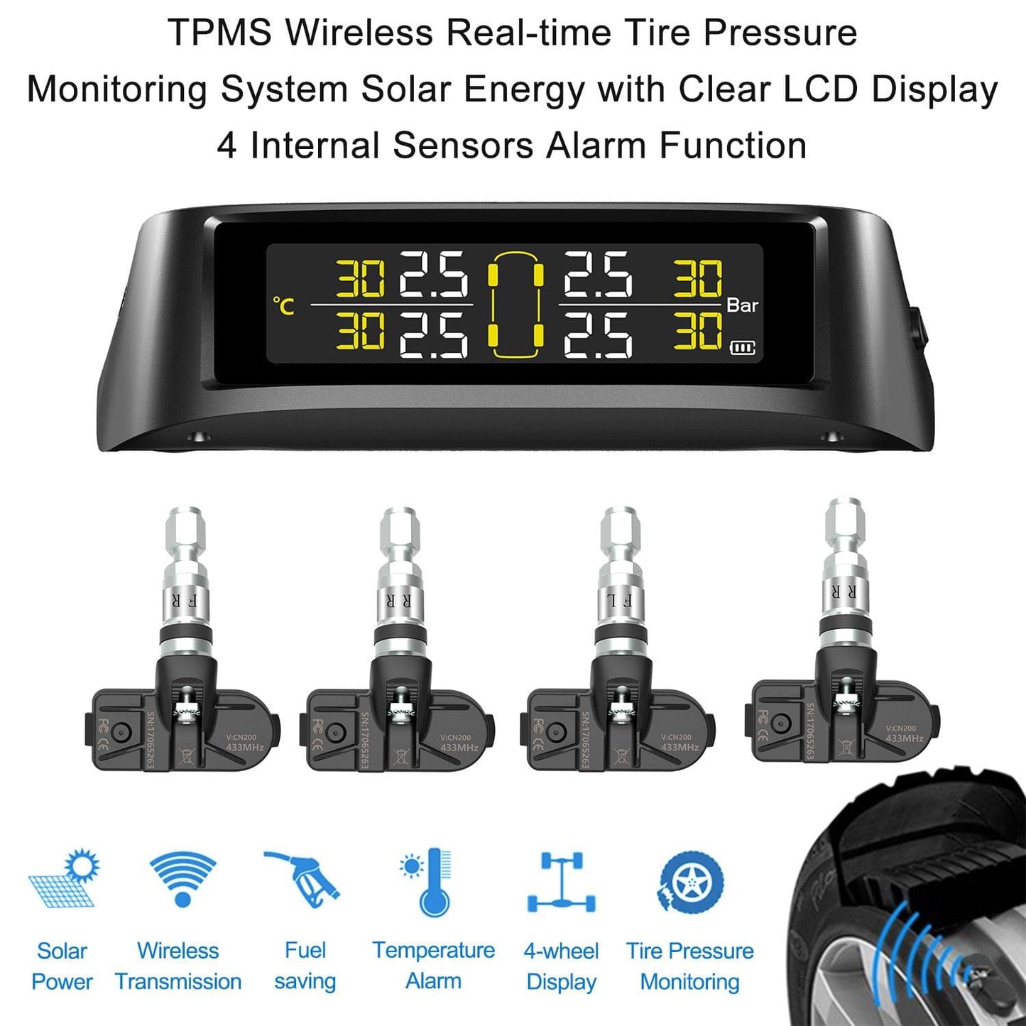 TPMS tire Pressure Monitoring System, Solar Wireless and USB - 1