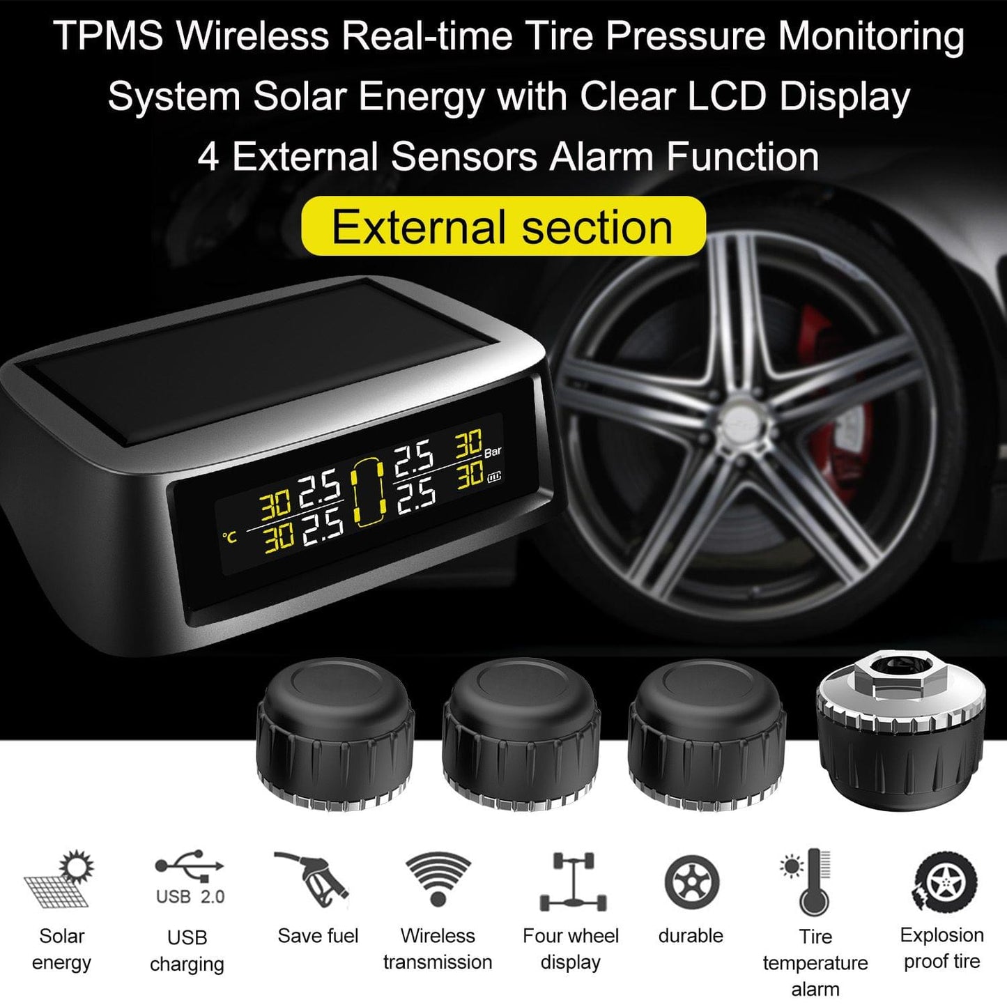 TPMS tire Pressure Monitoring System, Solar Wireless and USB - 2