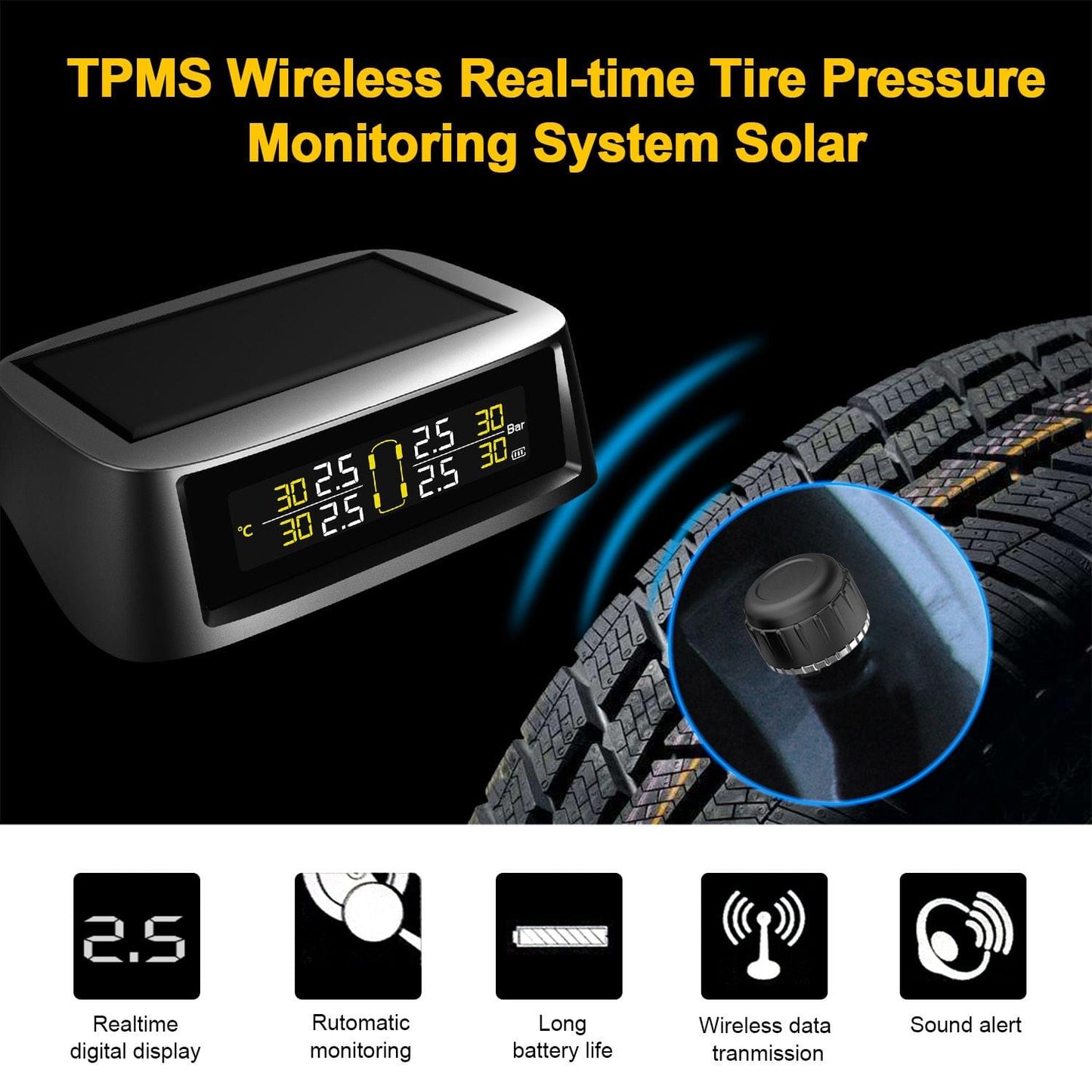 TPMS tire Pressure Monitoring System, Solar Wireless and USB - 2