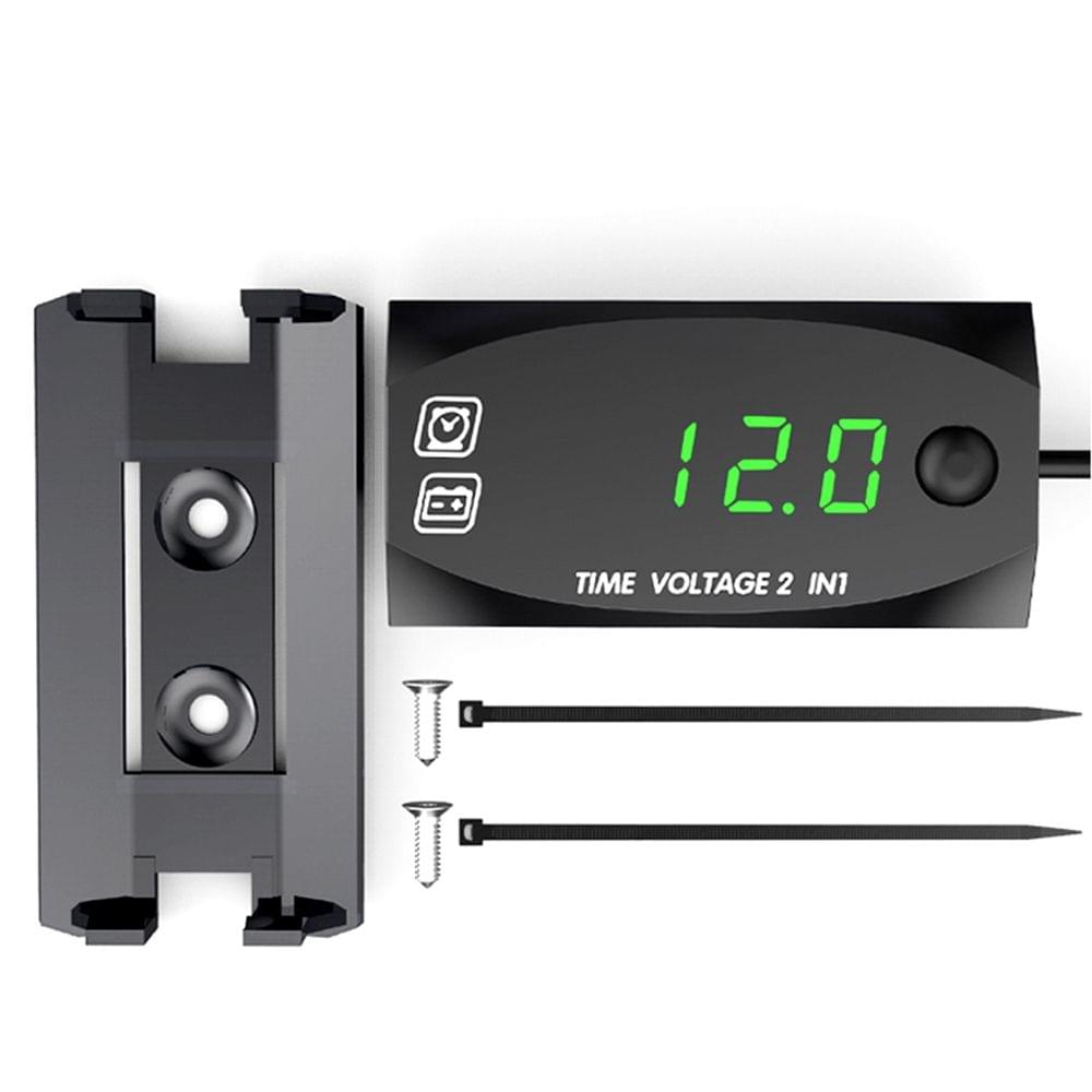Motorcycle DC 9V-24V 2 In 1 Digital Time Clock Voltage - Green light