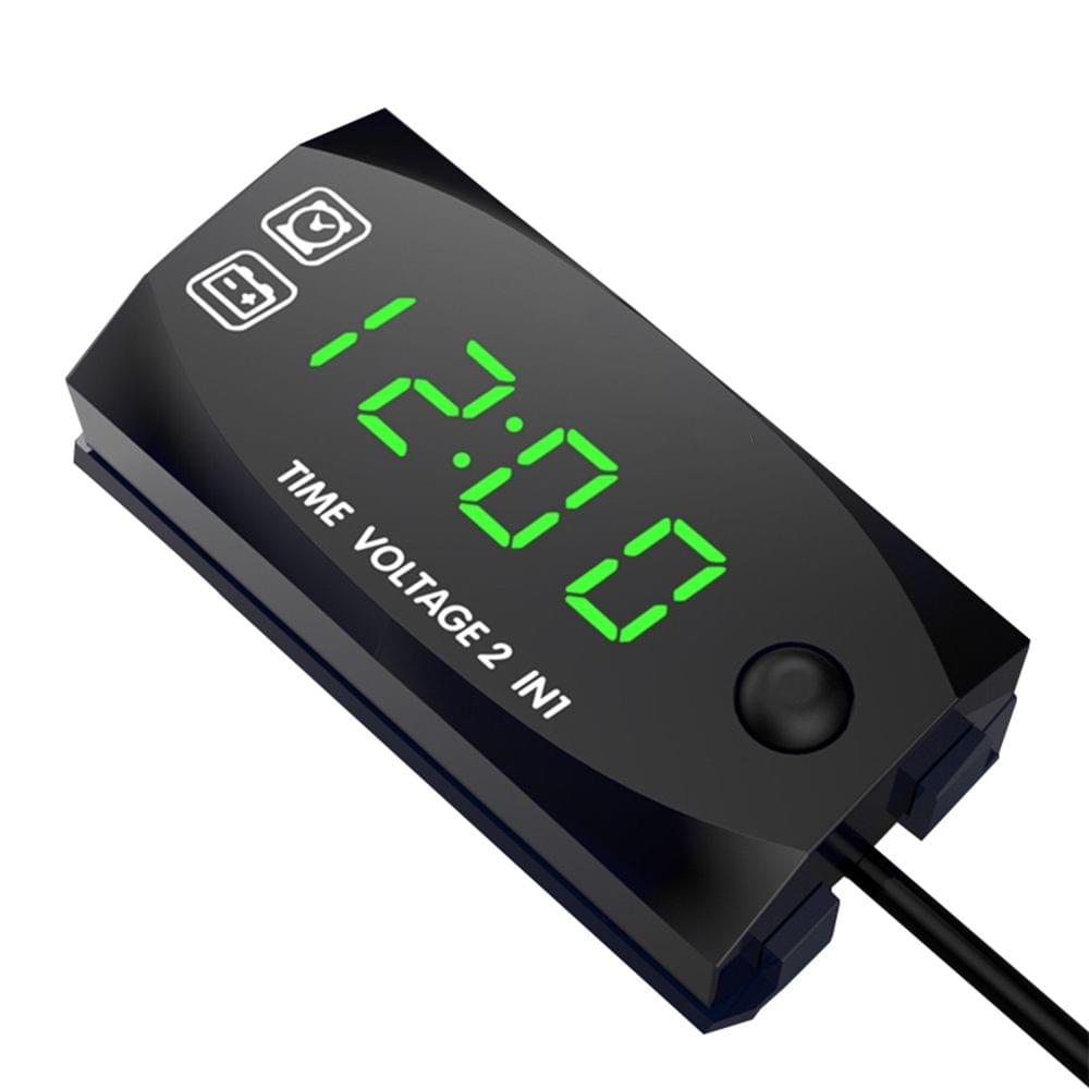 Motorcycle DC 9V-24V 2 In 1 Digital Time Clock Voltage - Green light