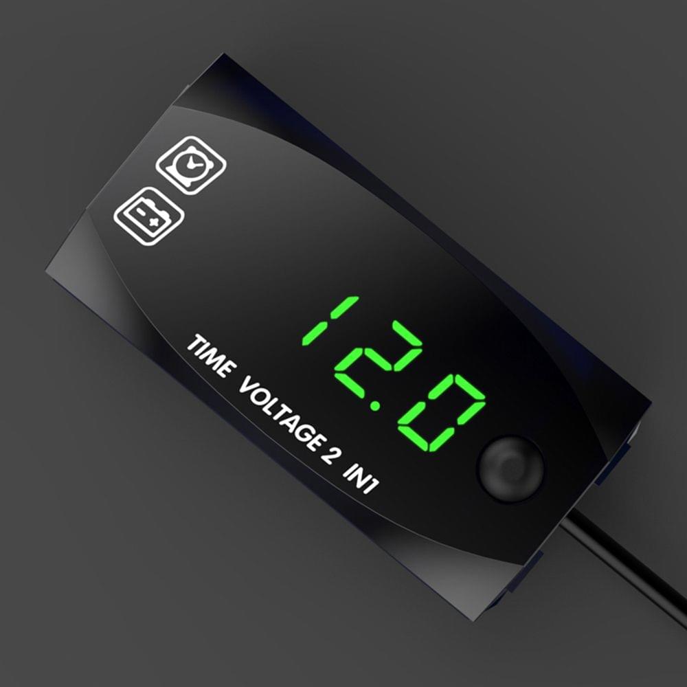 Motorcycle DC 9V-24V 2 In 1 Digital Time Clock Voltage - Green light