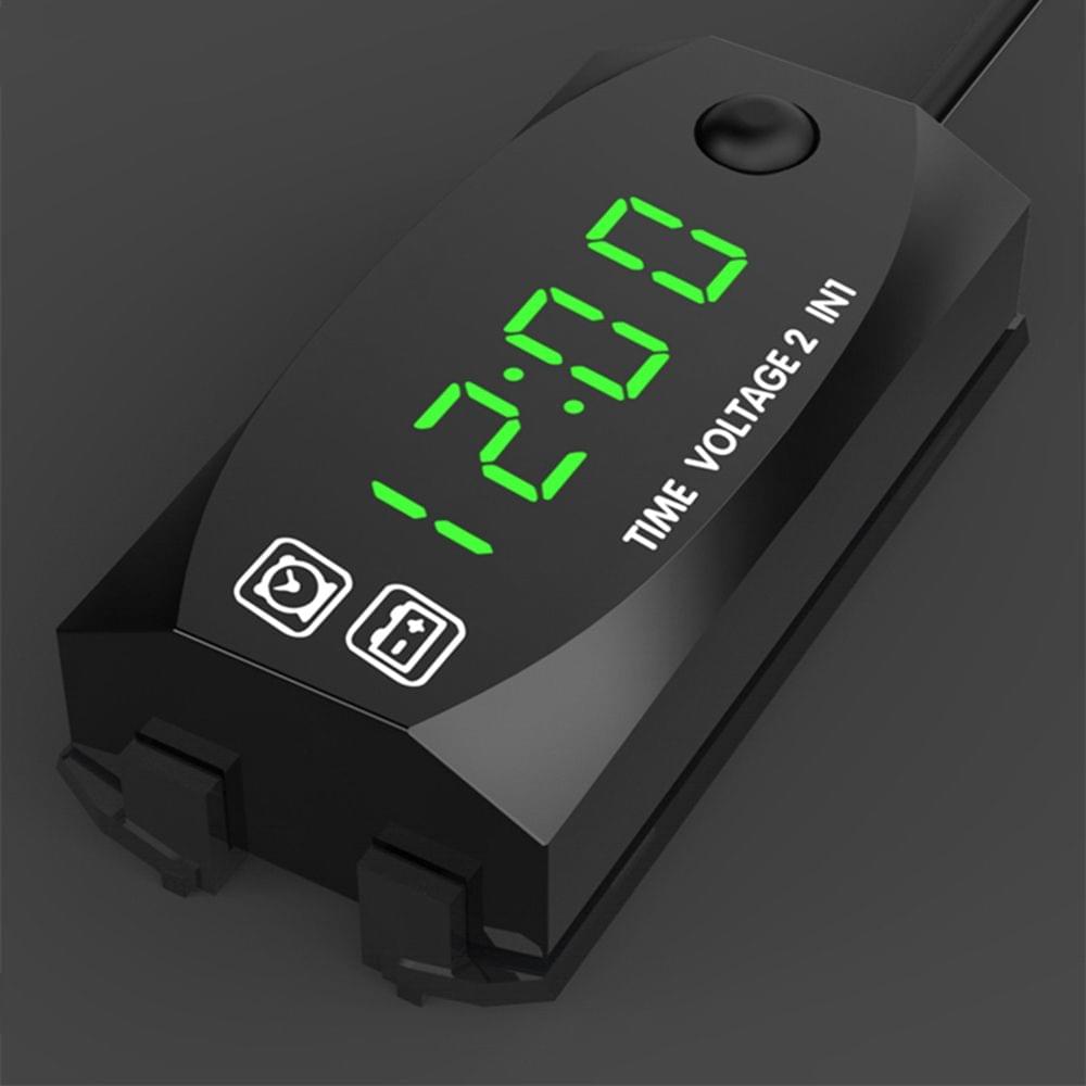 Motorcycle DC 9V-24V 2 In 1 Digital Time Clock Voltage - Green light