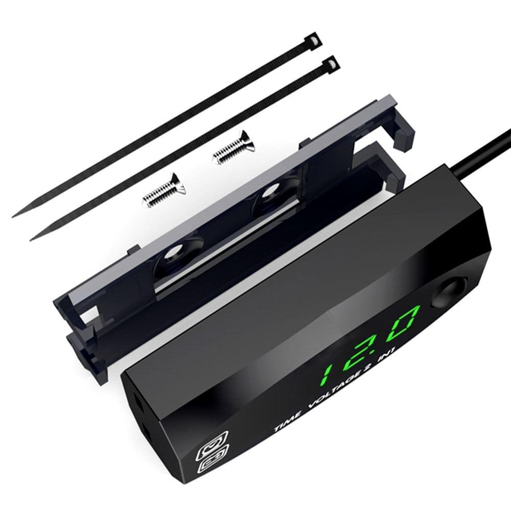 Motorycycle DC 9V-24V 2 In 1 Digital Time Clock Voltage - Red light