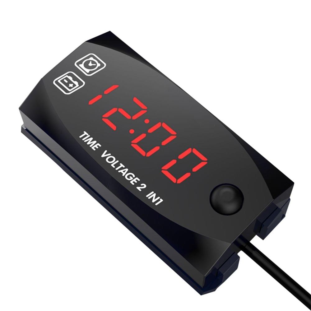 Motorycycle DC 9V-24V 2 In 1 Digital Time Clock Voltage - Red light