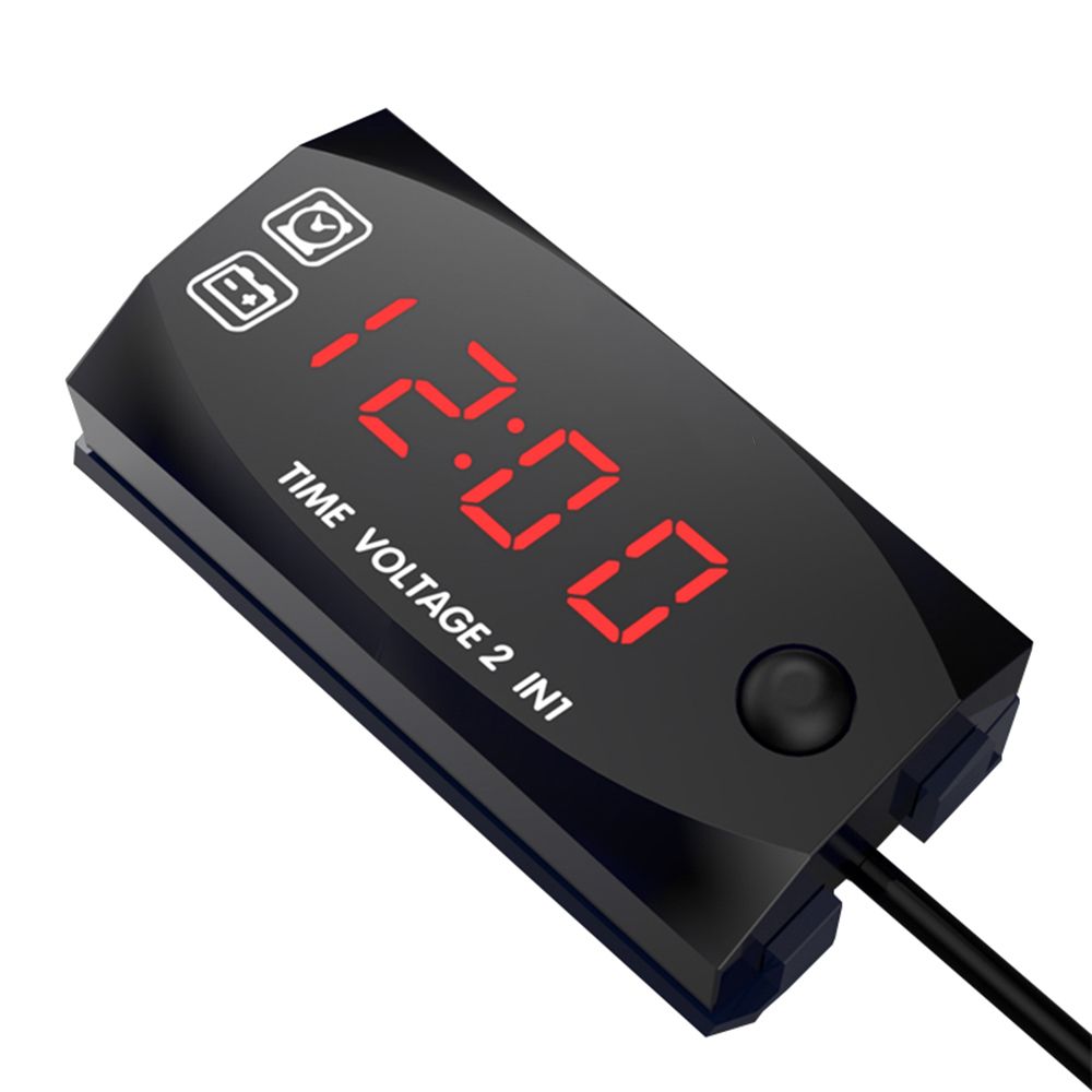 Motorycycle DC 9V-24V 2 In 1 Digital Time Clock Voltage - Red light