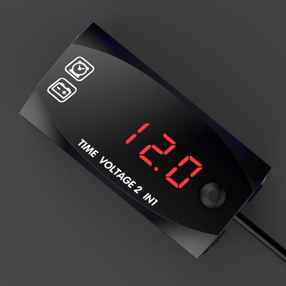 Motorycycle DC 9V-24V 2 In 1 Digital Time Clock Voltage - Red light