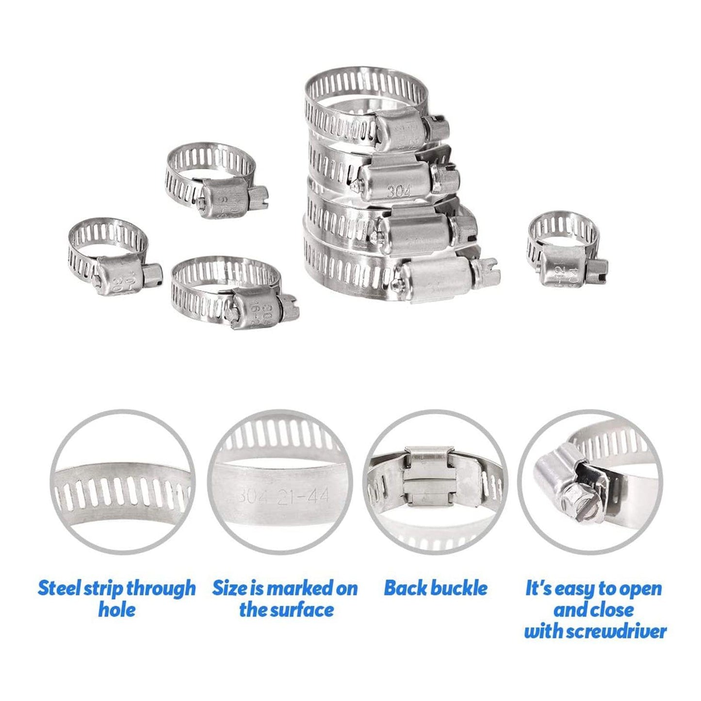100Pcs Adjustable 8-44mm Diameter Worm Gear Hose Clamps