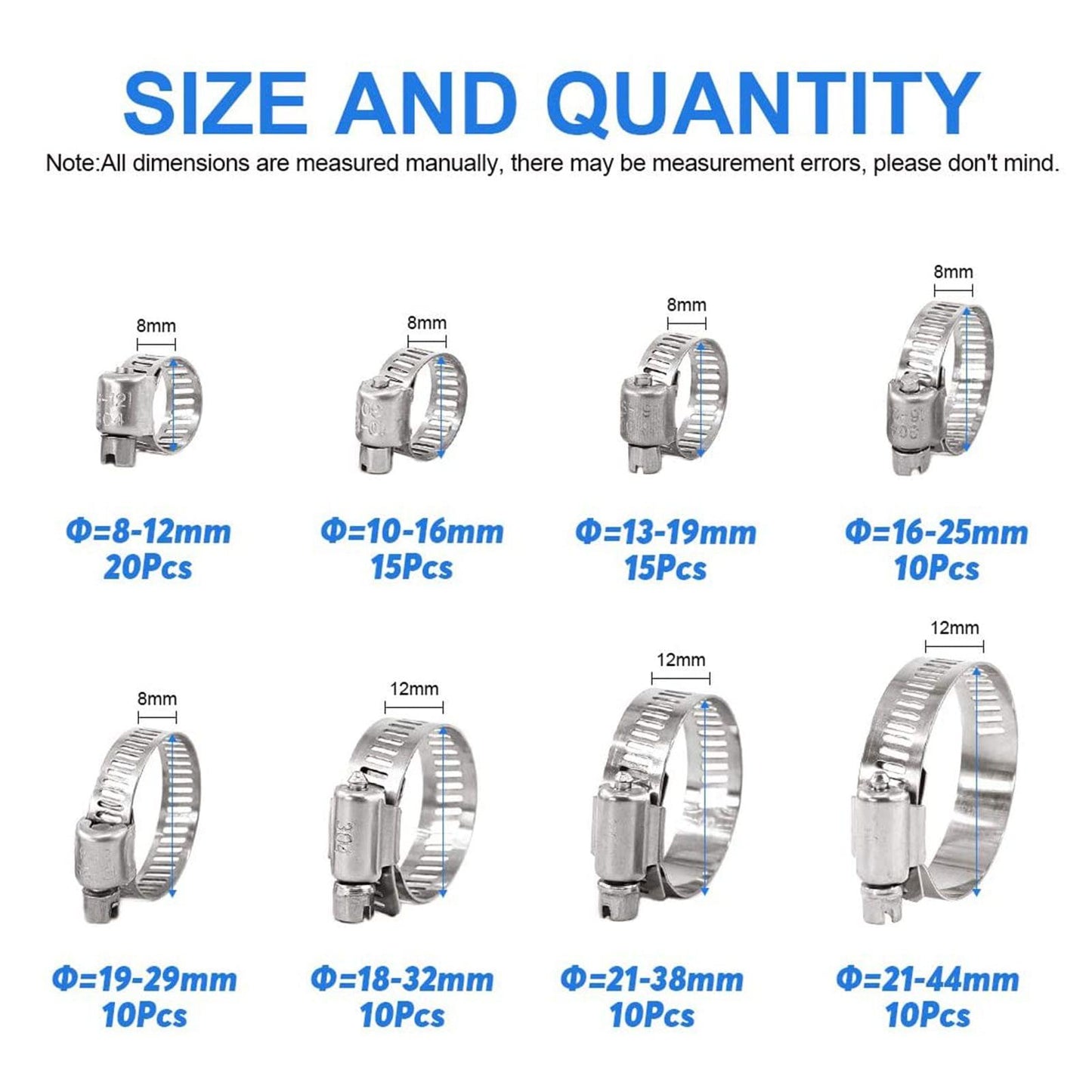 100Pcs Adjustable 8-44mm Diameter Worm Gear Hose Clamps