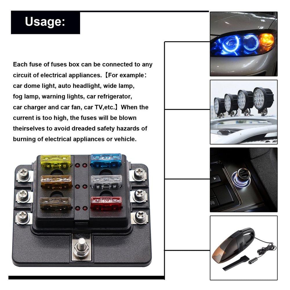 6 Way Blade Fuse Box with LED Indicator Fuse Block for Car