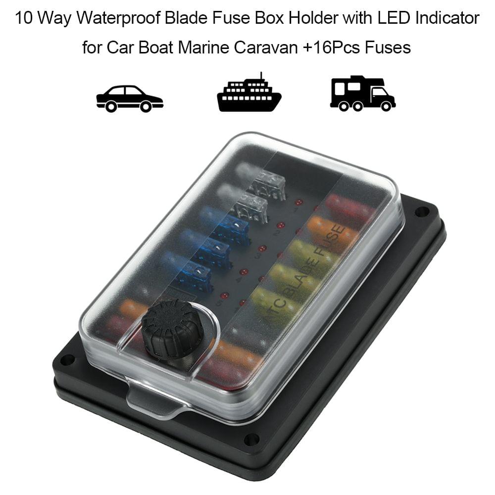 10 Way Waterproof Blade Fuse Box Holder with LED Indicator