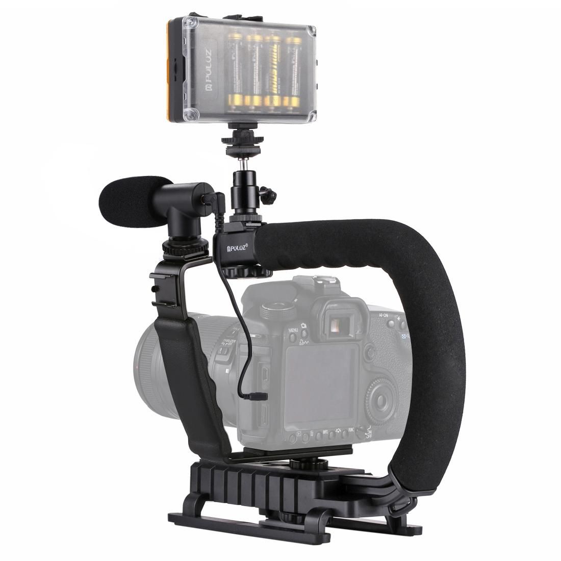 PULUZ U/C Shape Portable Handheld DV Bracket Stabilizer + LED Studio Light + Video Shotgun Microphone Kit with Cold Shoe Tripod Head for All SLR Cameras and Home DV Camera (Style3)