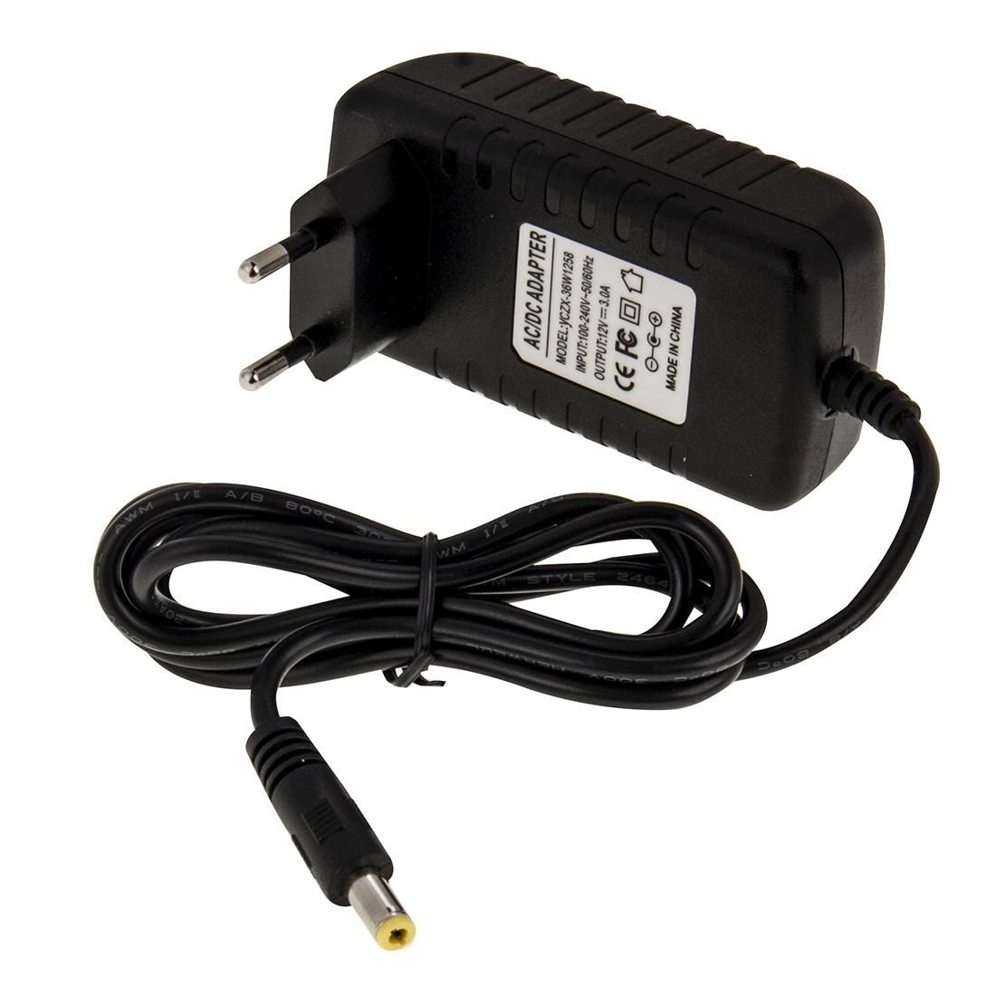 EU Plug AC 100-240V to DC 12V 3A Power Adapter, Tips: 5.5 x 2.1mm, Cable Length: about 1.2m (Black)