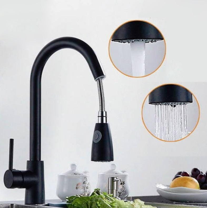 Kitchen Pull-out Faucet Hot And Cold Home 304 Stainless Steel Retractable Rotating Faucet, Style:Stainless Steel Black