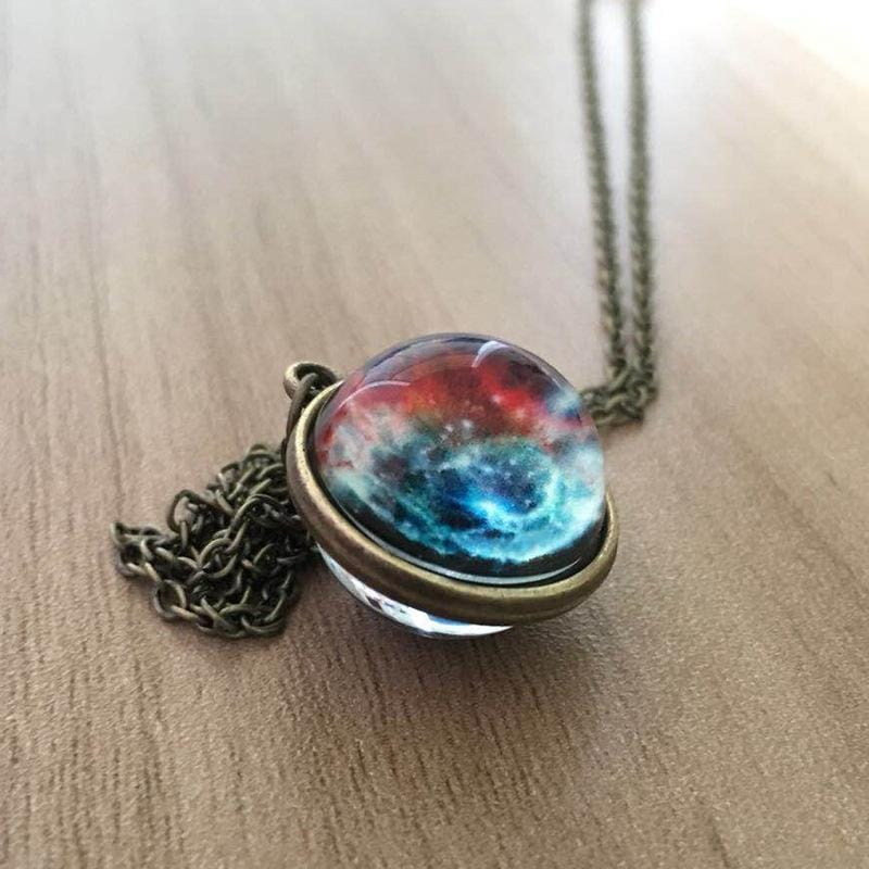Double-sided Glass Ball Pendant Necklace Gem Universe Star Necklace Handmade Women Men Jewelry (Starry Sky)