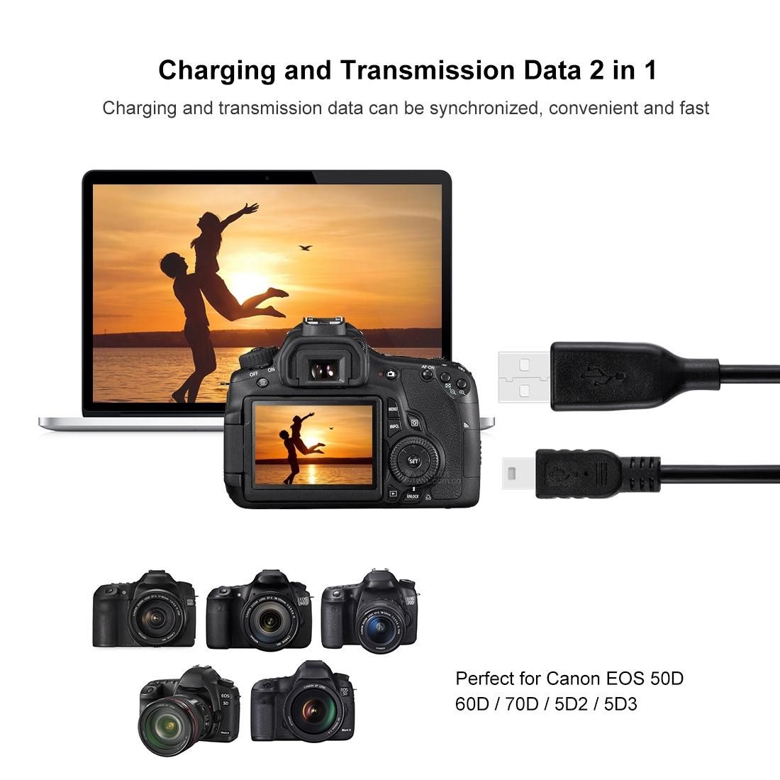 PULUZ 1m Mini 5pin USB Sync Data Charging Cable for Canon EOS 50D / 60D / 70D / 5D2 / 5D3