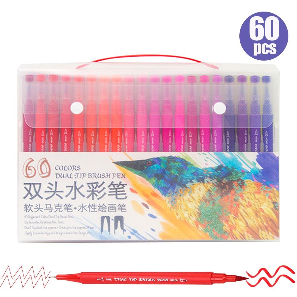60 Bright Colors Dual Tip Brush Pens Set 0.4mm Fineliner & - 60 Colors