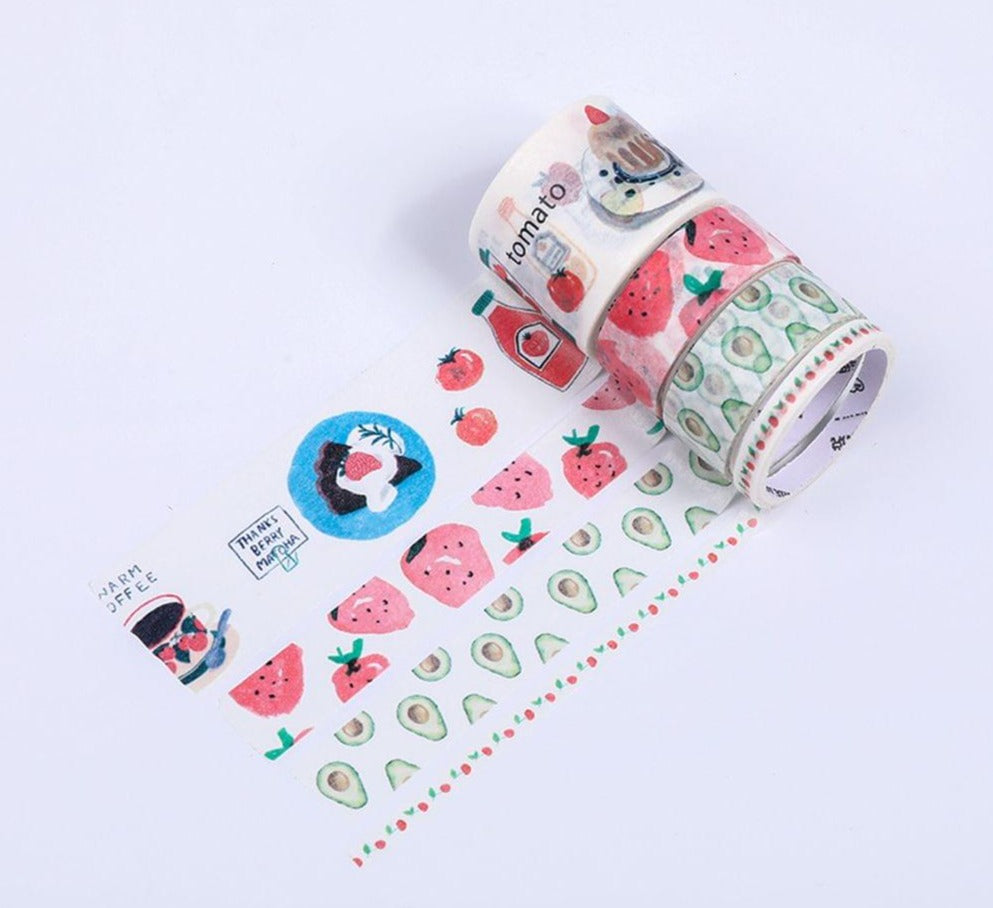 Washi Tape Set 4 Rolls 30mm 15mm 5mm Wide Decorative - Fruits Basket