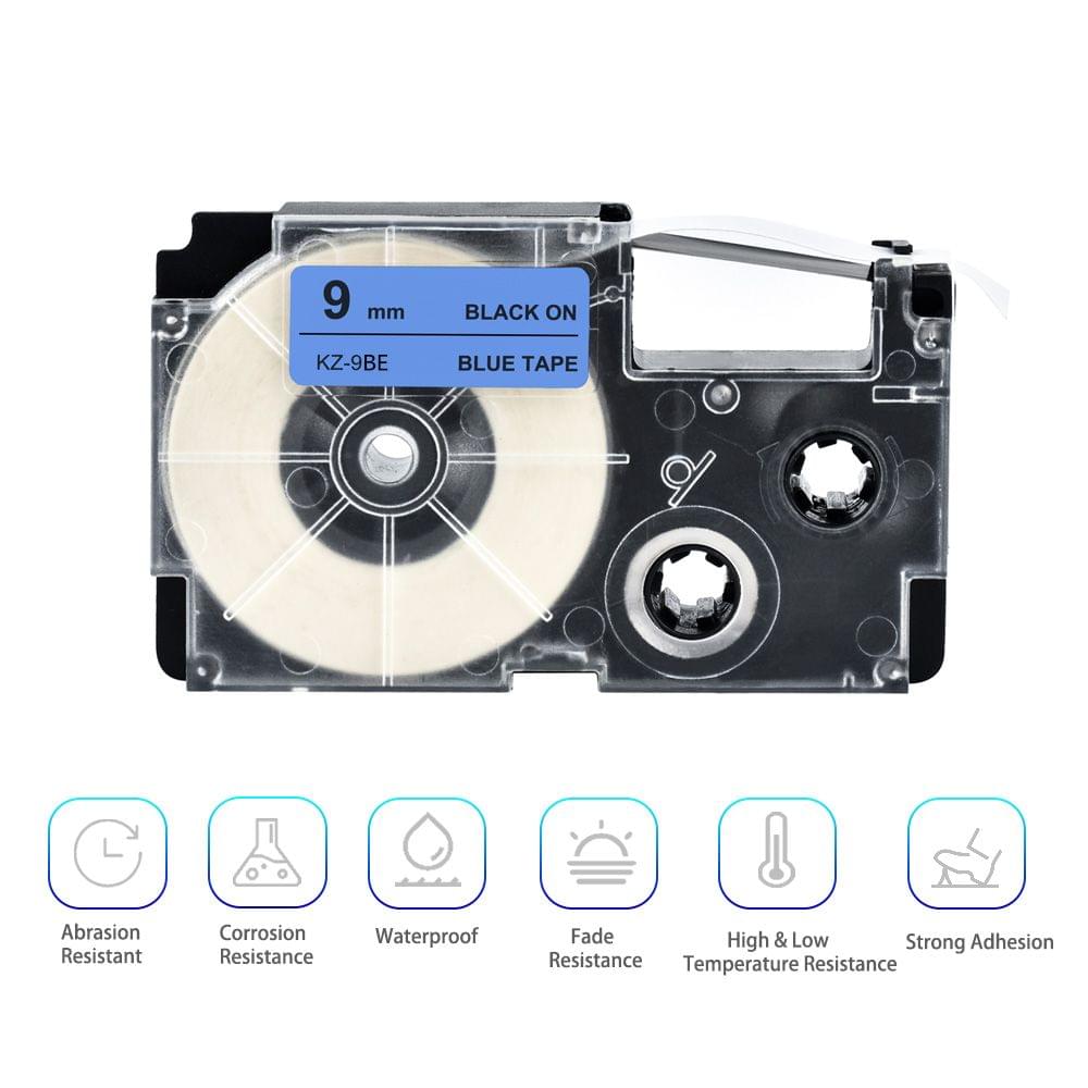 9mm Label Tape Compatible Tape Cartridge Ribbon Replacement - 9mm Black on Blue