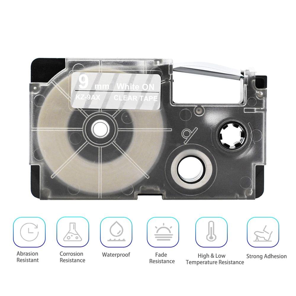 9mm Label Tape Compatible Tape Cartridge Ribbon Replacement - 9mm White on Clear