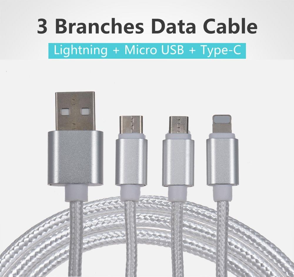 3.3Ft USB 2.0 to Micro USB + Type C + Lightning Charging
