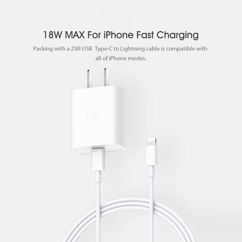 Xiaomi ZMI USB Type-C Fast Charger with USB-C Lightning Data - 18W Charger and Type-C to Ligtning Cable