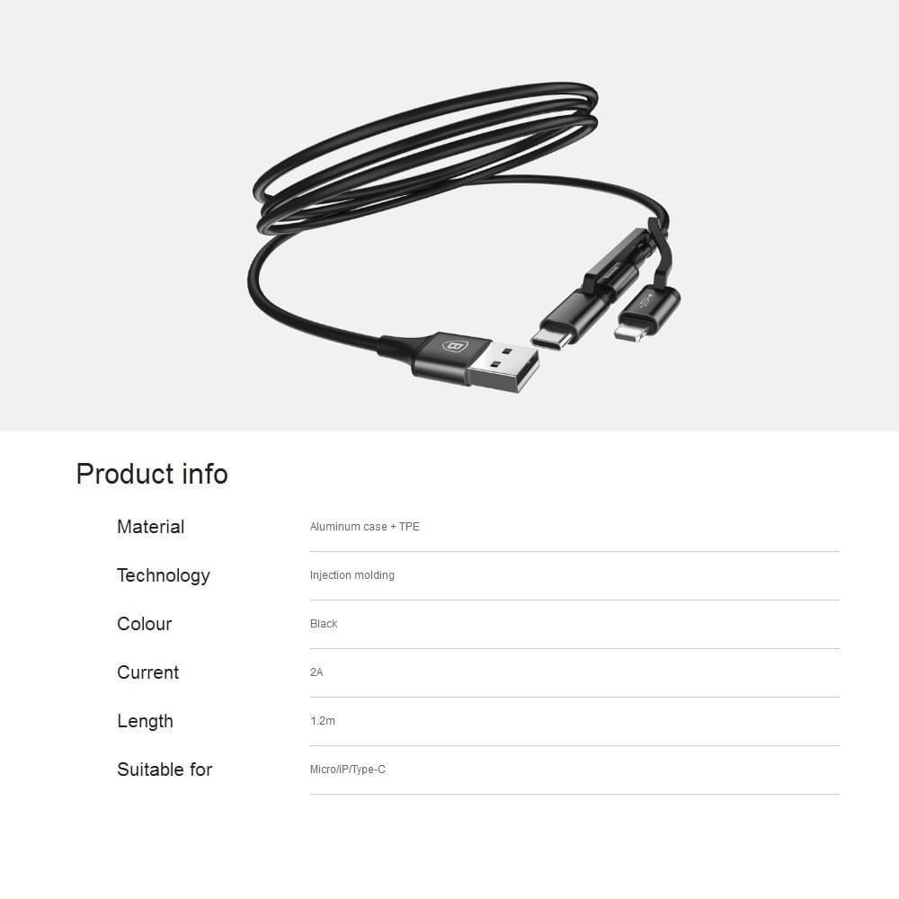 Baseus 3 in 1 USB Cable for iPhone Charger Cable 1.2M Micro