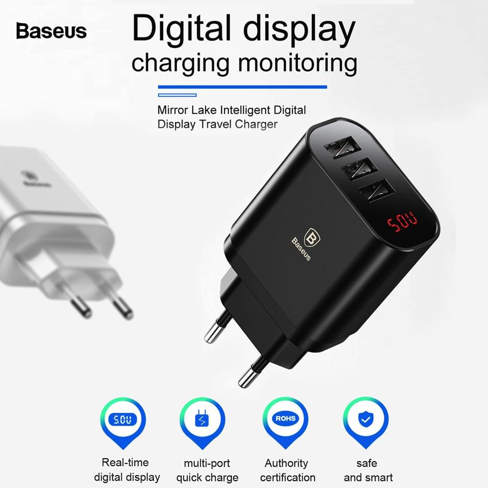 Baseus 3 USB Travel Charger Mirror Lake Intelligent Digital
