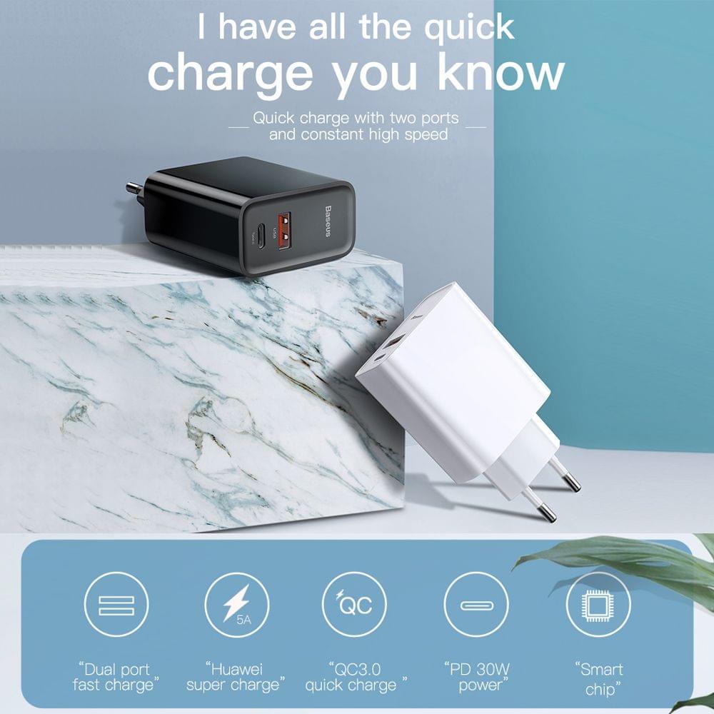 Baseus Speed Dual QC3.0 Quick Charger Type-C+USB Ports 30W - Type-C & USB