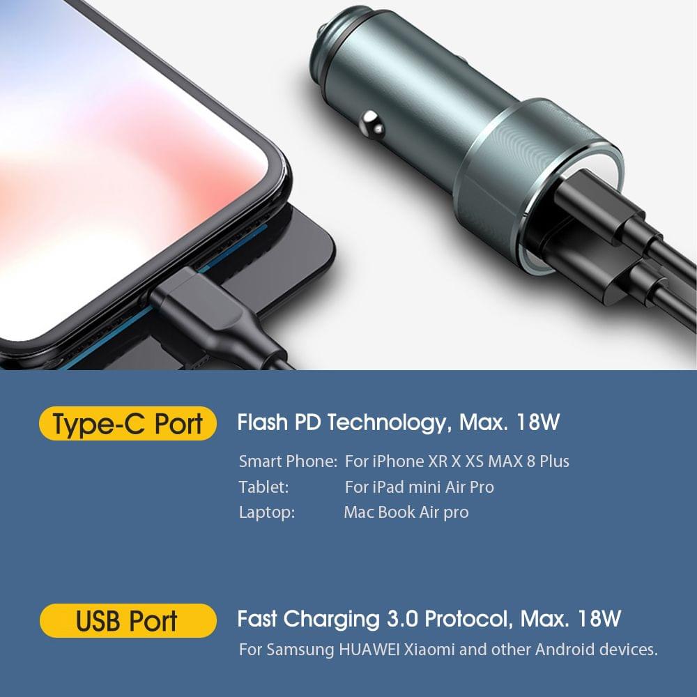 vissko PD USB Car Charger Type-C + USB PD Fast Charger 36W - Type-C And USB