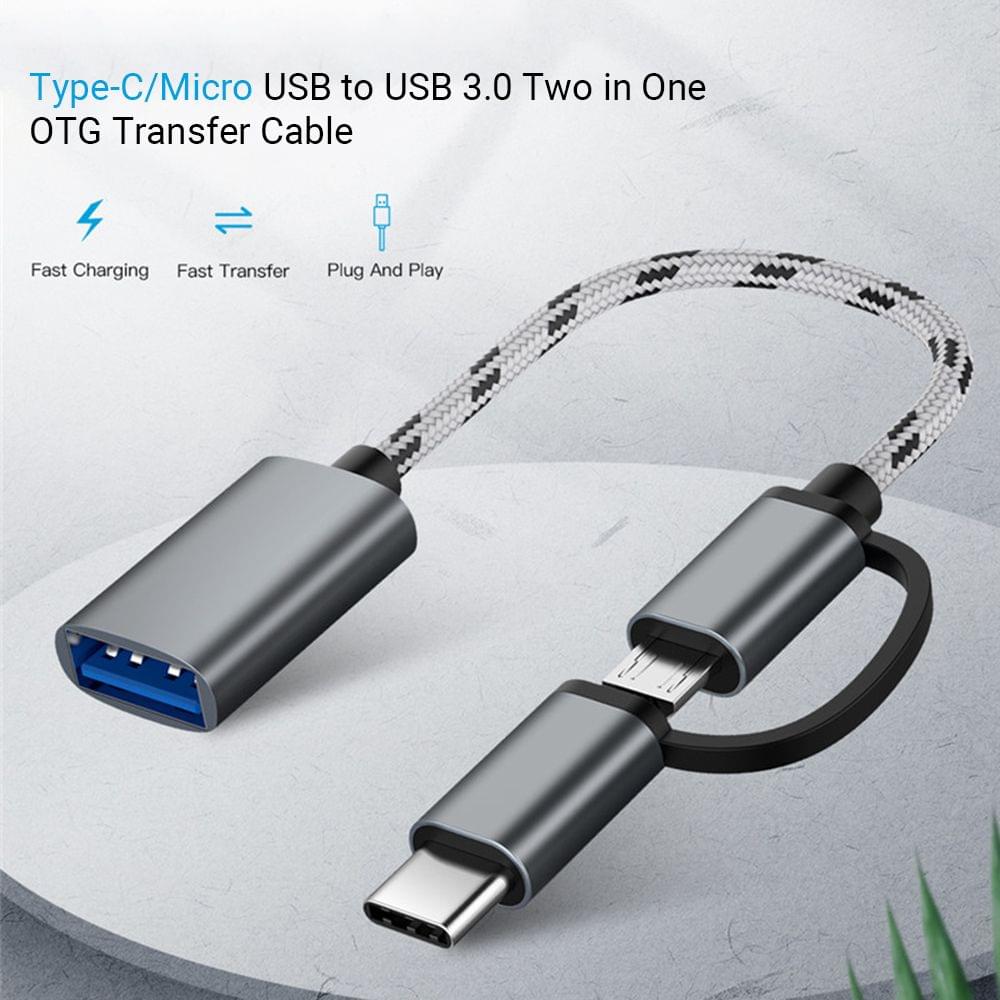 2 in 1 USB OTG Cable Type-C/Micro USB to USB 3.0 Adapter Braided Designed Data Transfer Cable Compatible with Andriod Phone (Grey)