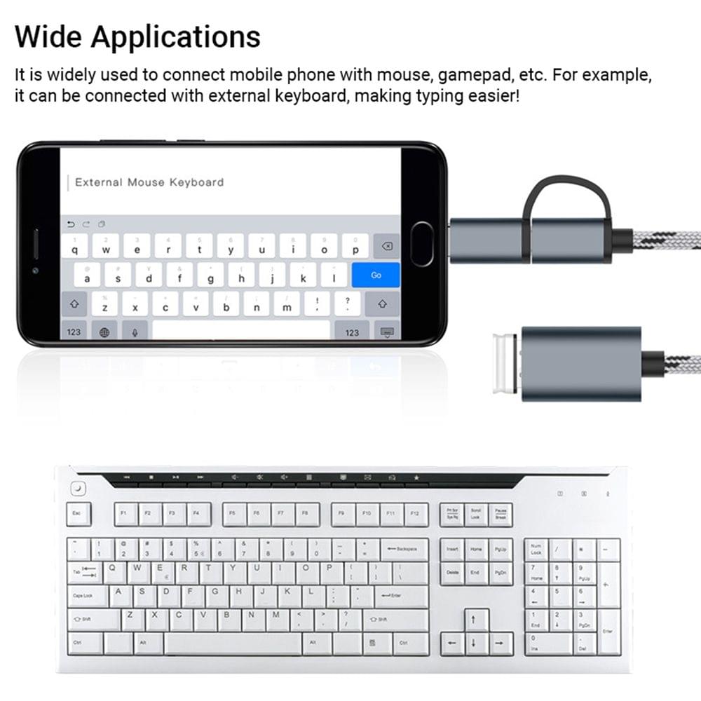 2 in 1 USB OTG Cable Type-C/Micro USB to USB 3.0 Adapter Braided Designed Data Transfer Cable Compatible with Andriod Phone (Grey)