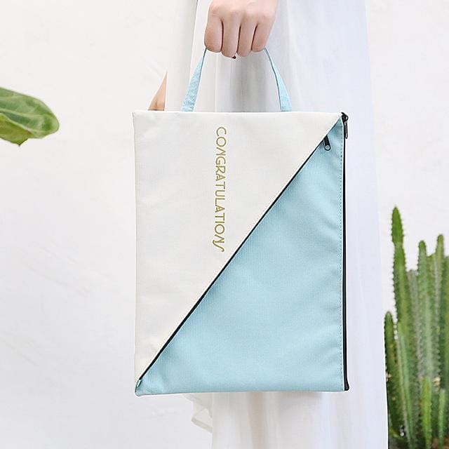 Double Layer Canvas Document File Support Office School Tote Bag Organizer Bag A4 Creative Zipper Storage Bag (Blue)